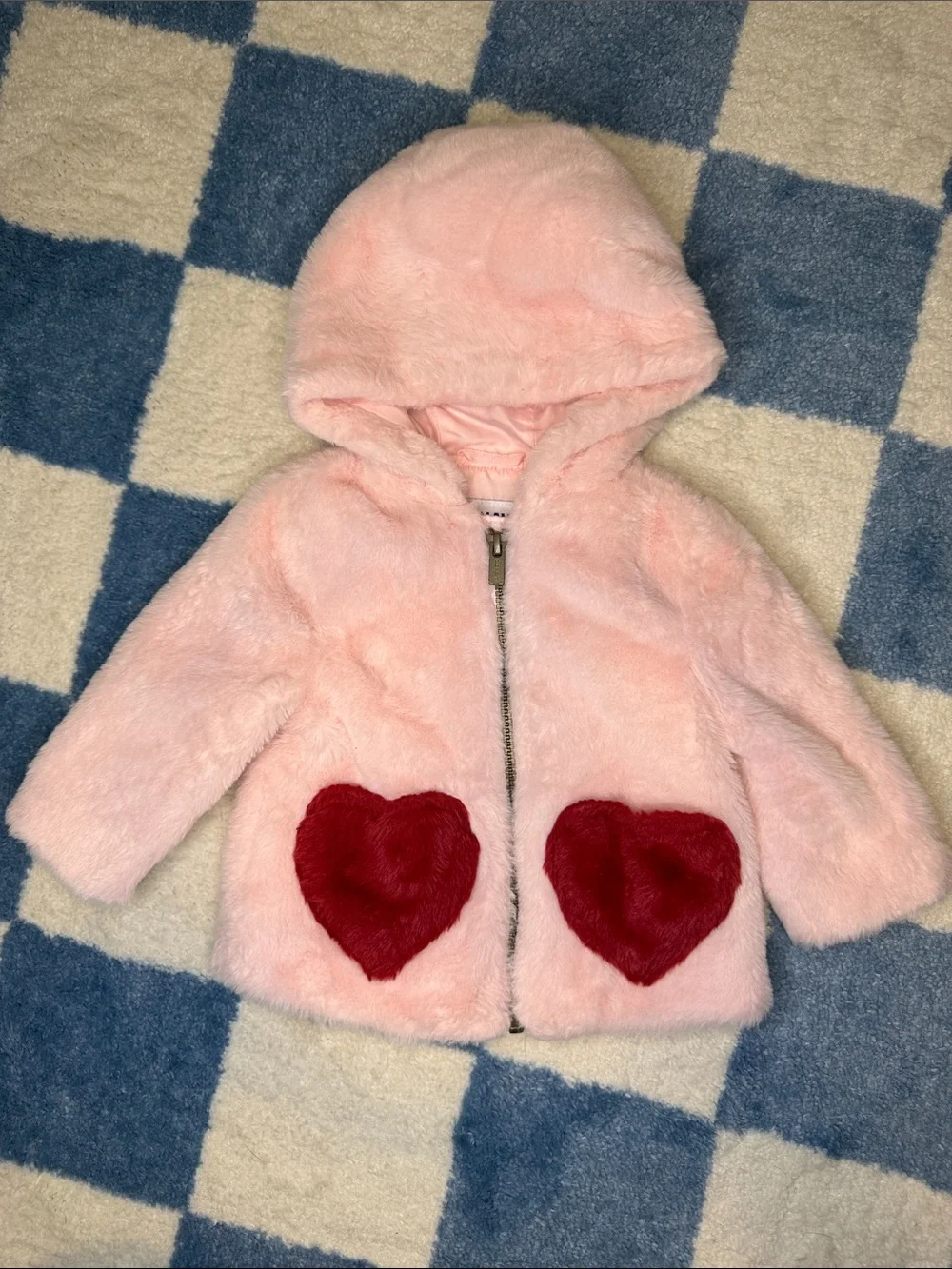 Old Navy Pink Faux-Fur Hooded Puffer with Red Heart Pockets